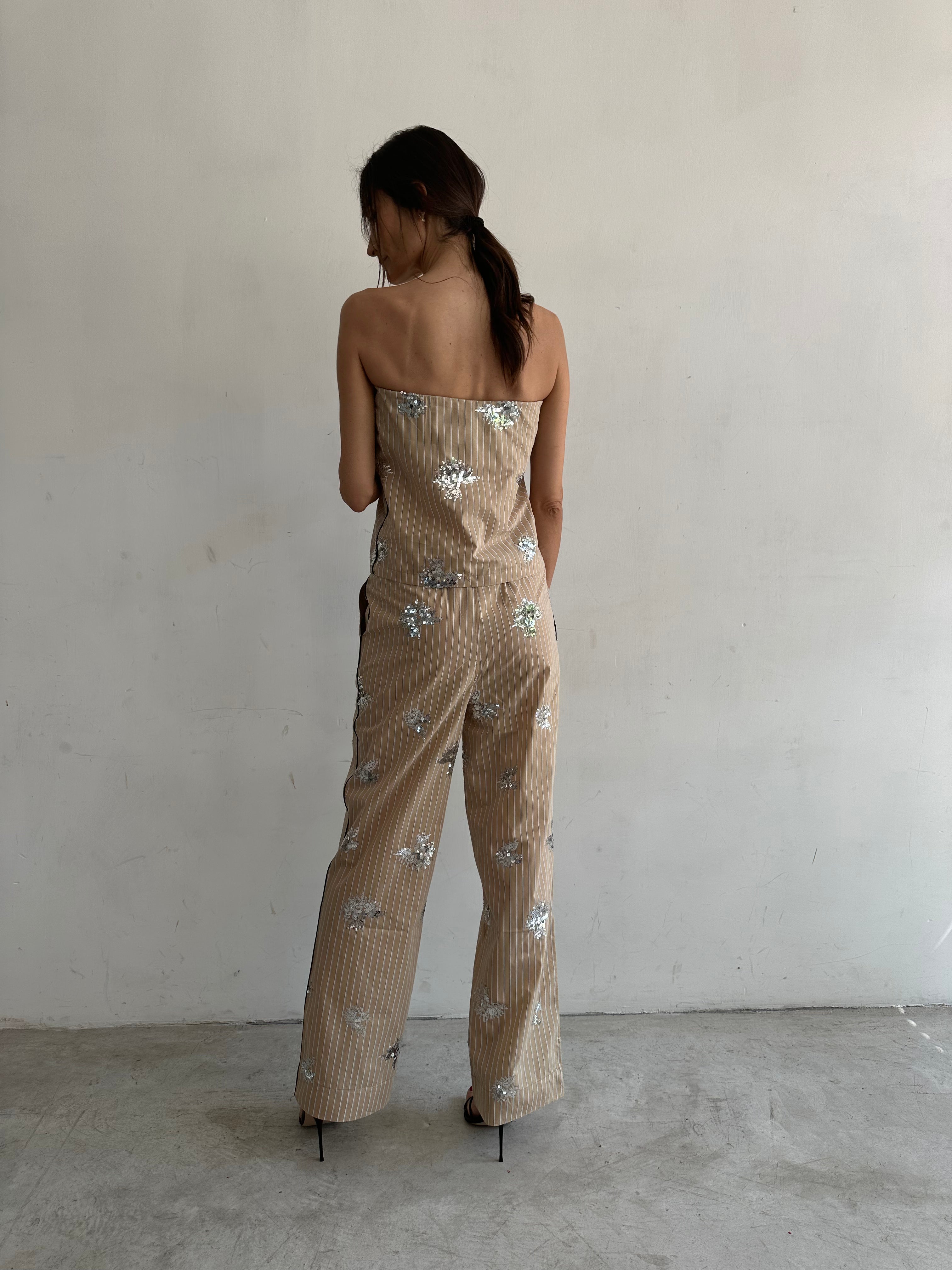 Aura Top Beige A Righe E Paillettes