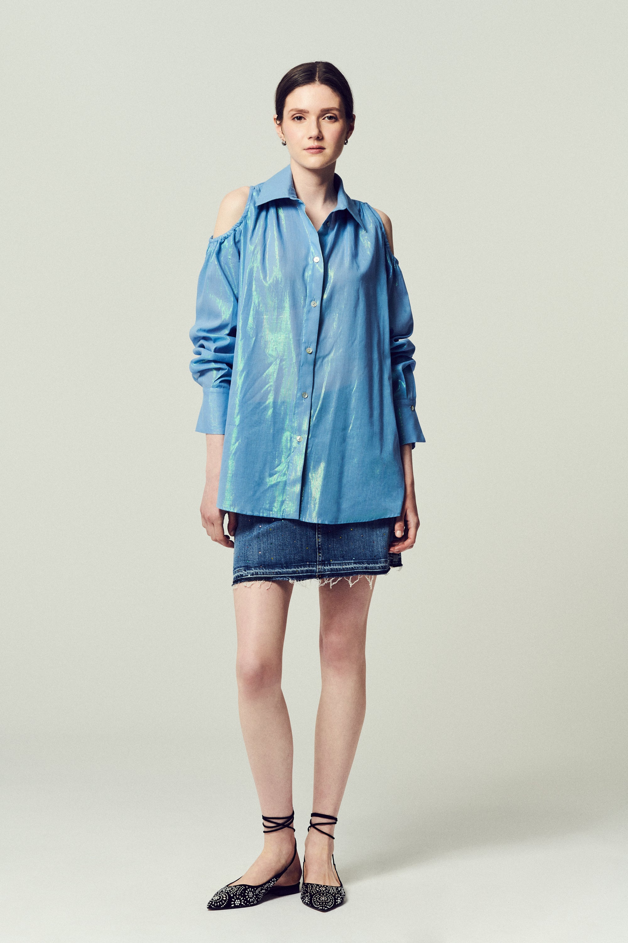 Carmen Camicia Lurex Celeste