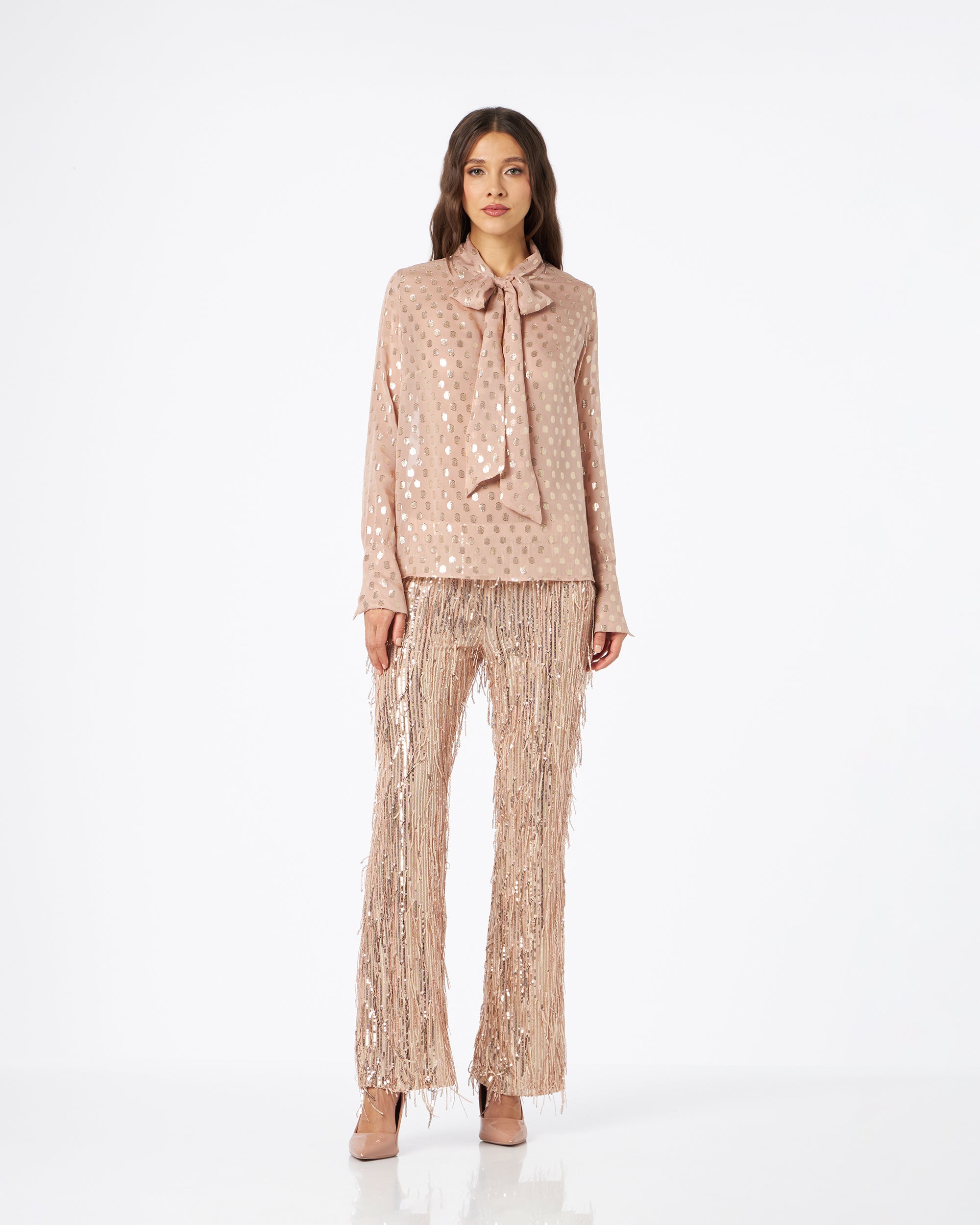 Loredana camicia in seta rosa con pois oro