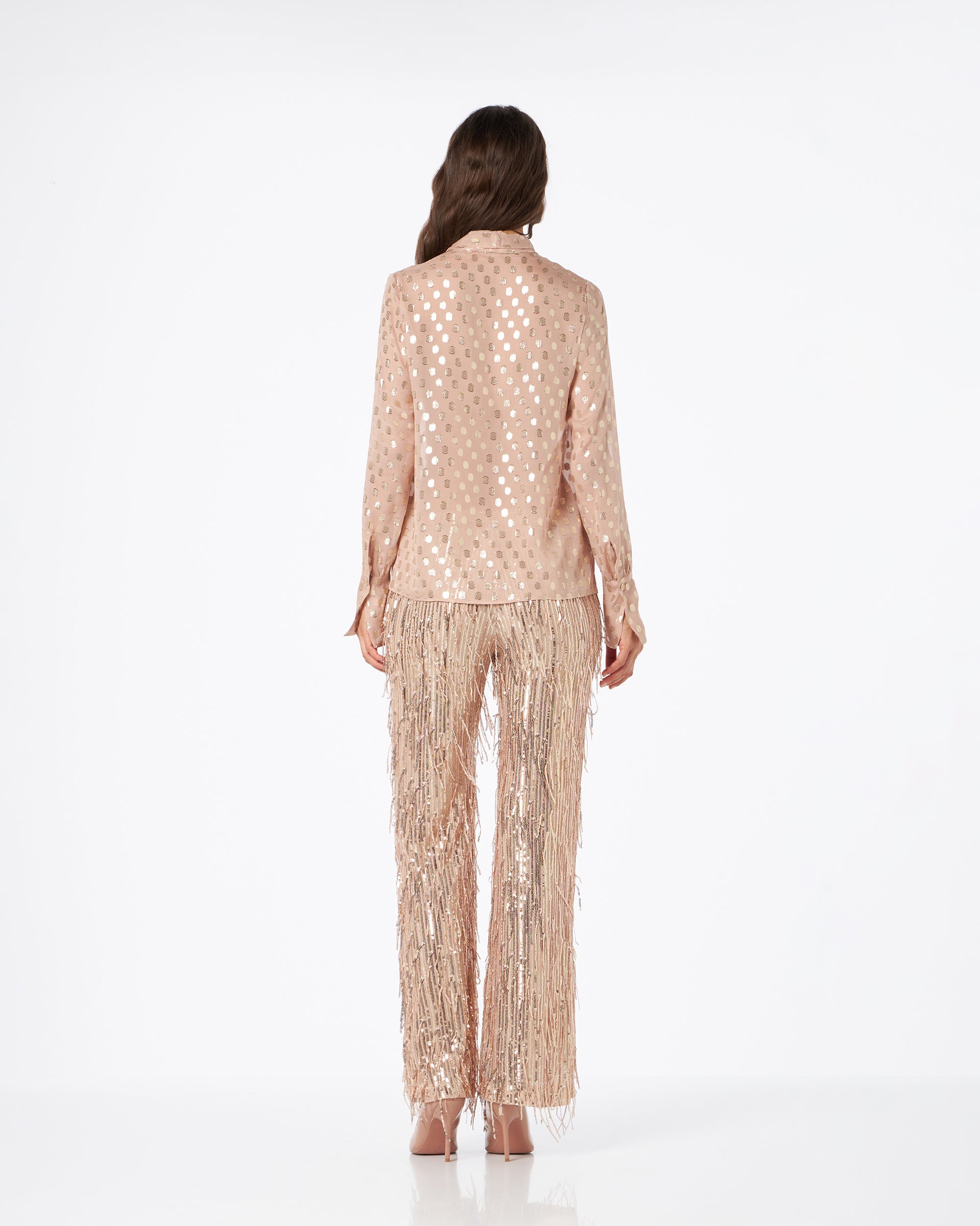 Loredana camicia in seta rosa con pois oro