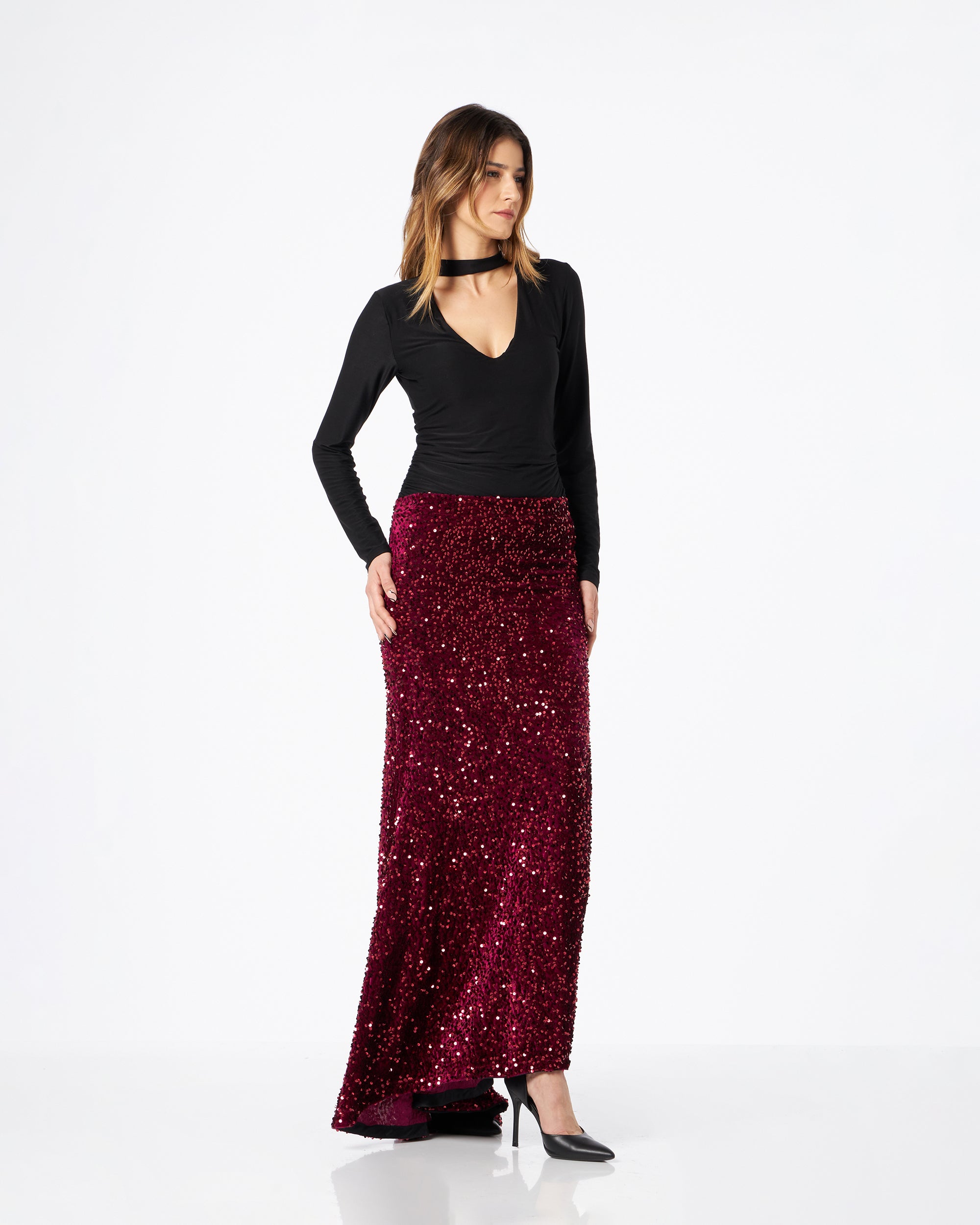 Mariacristina gonna in velluto paillettes bordeaux