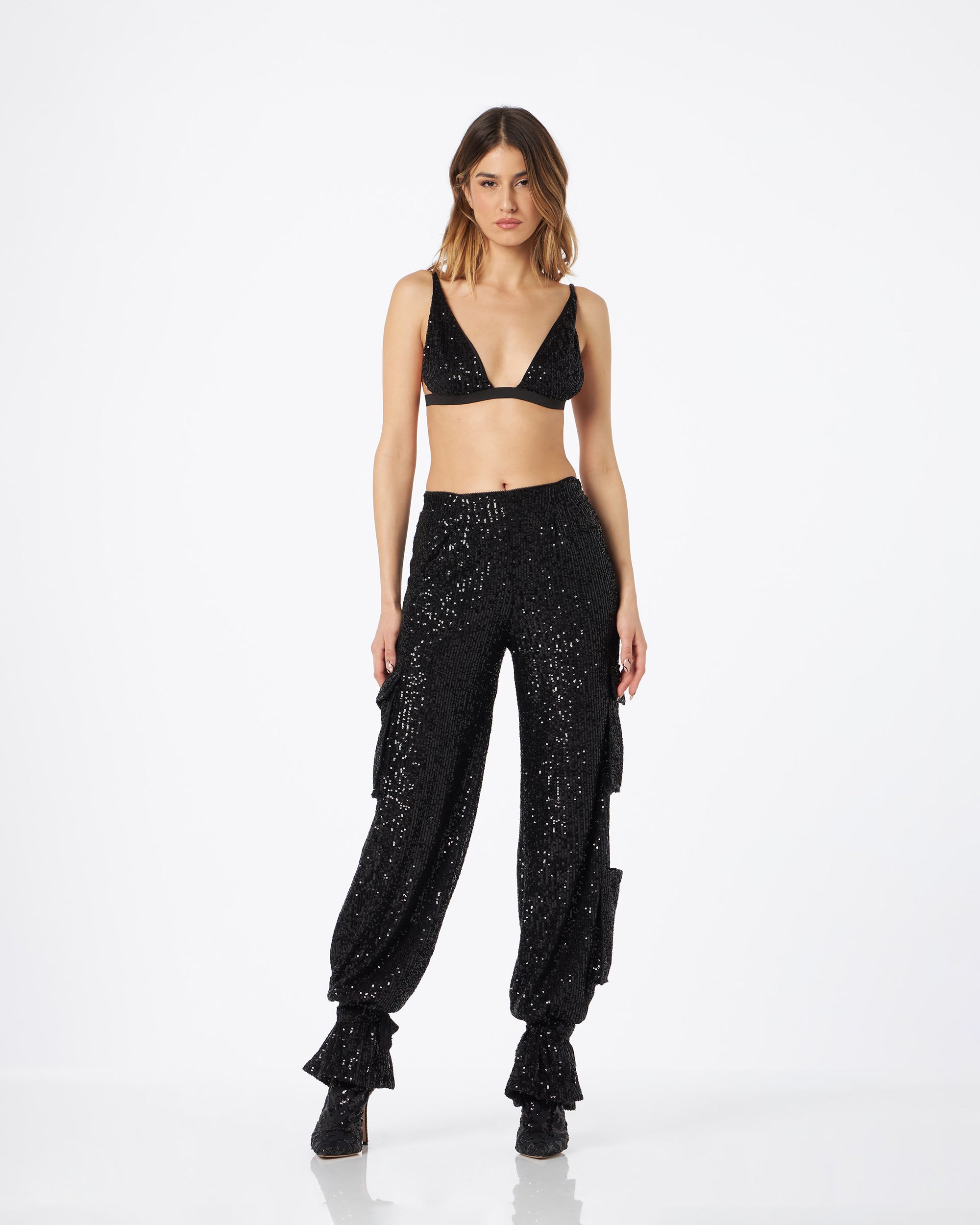 Pamela pantalone cargo in paillettes nero