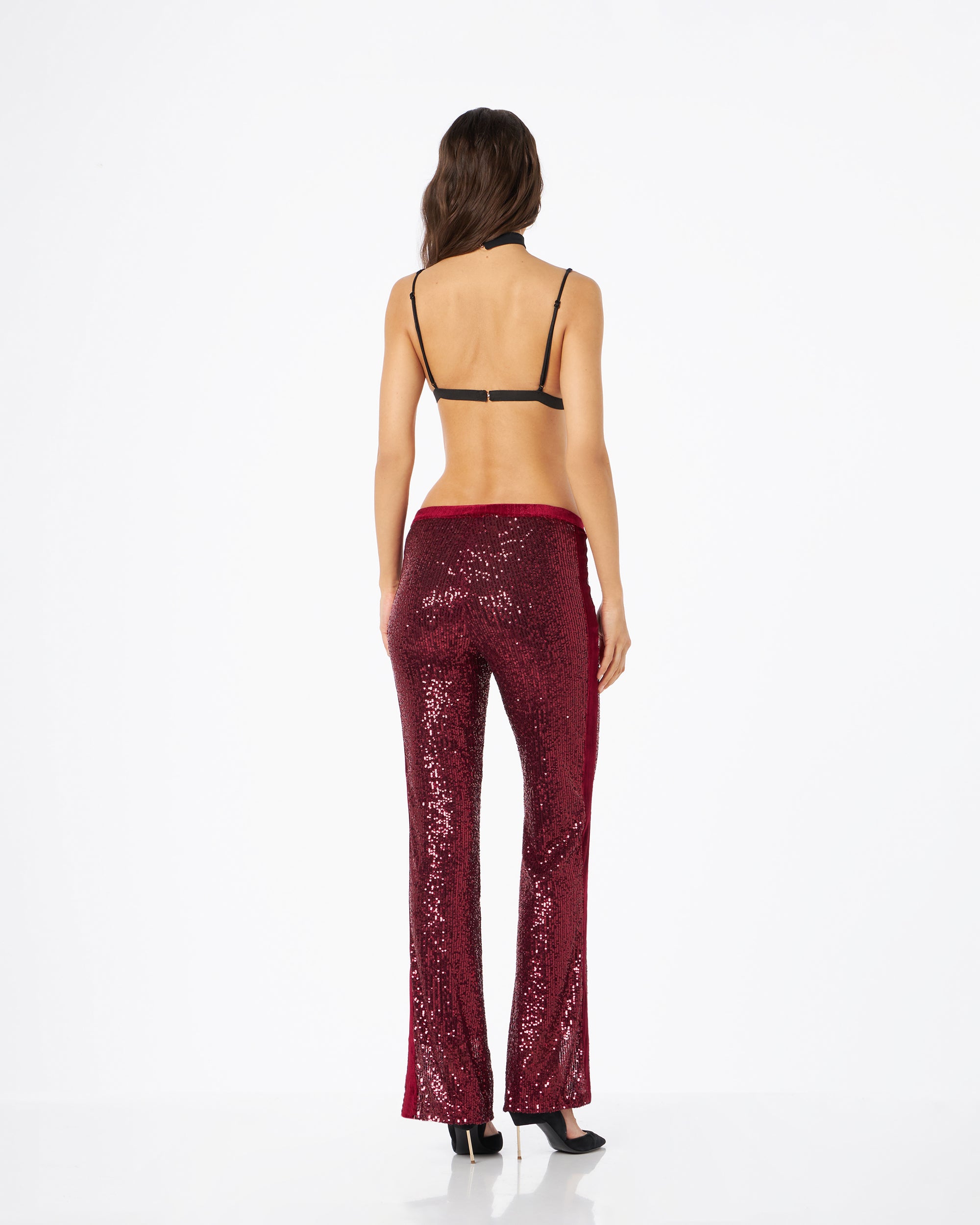 Raffaella pantalone in paillettes bordeaux e bande laterali in velluto