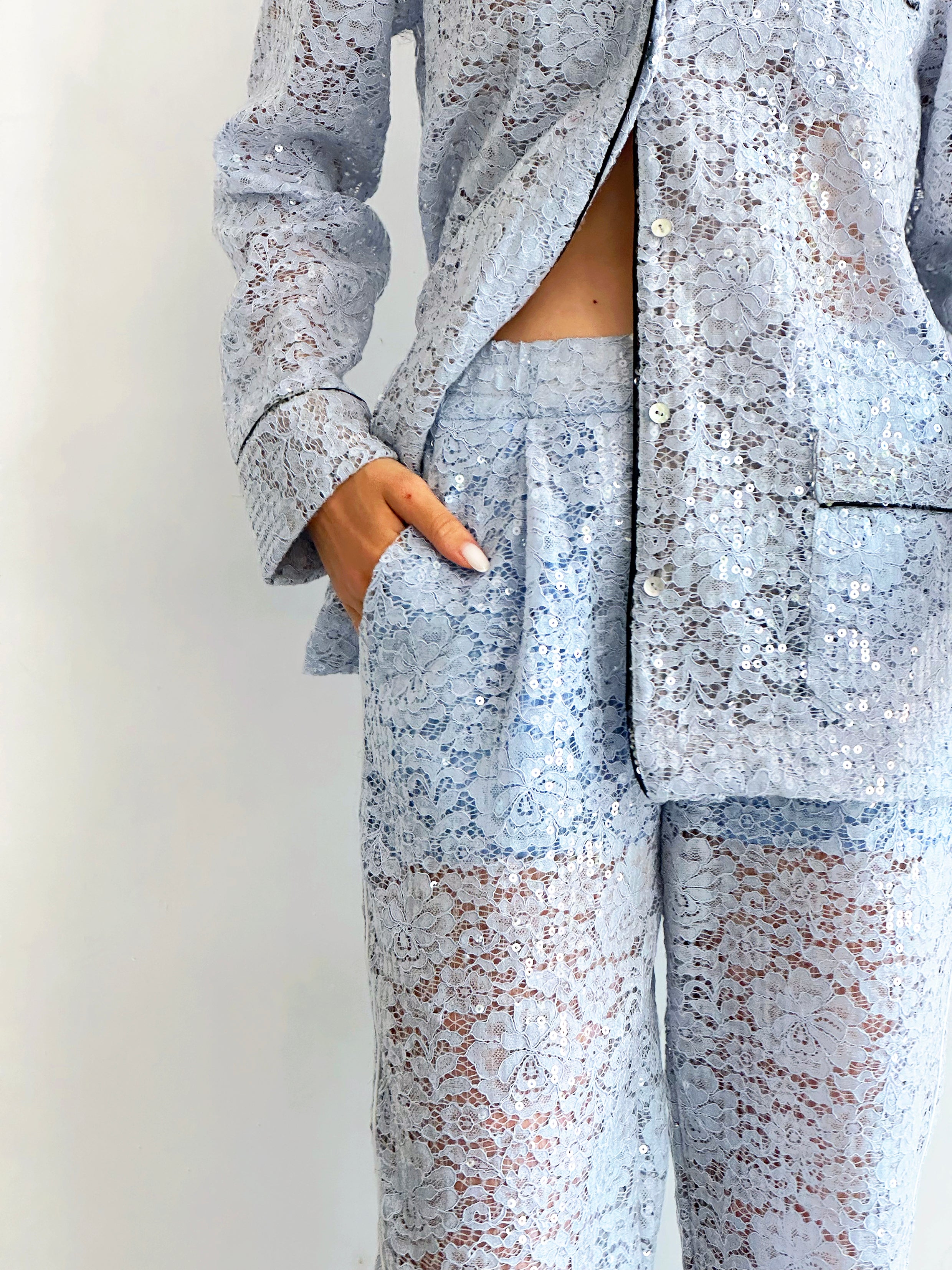 Sera Pantaloni Pigiama Azzurro Cielo In Pizzo E Paillettes