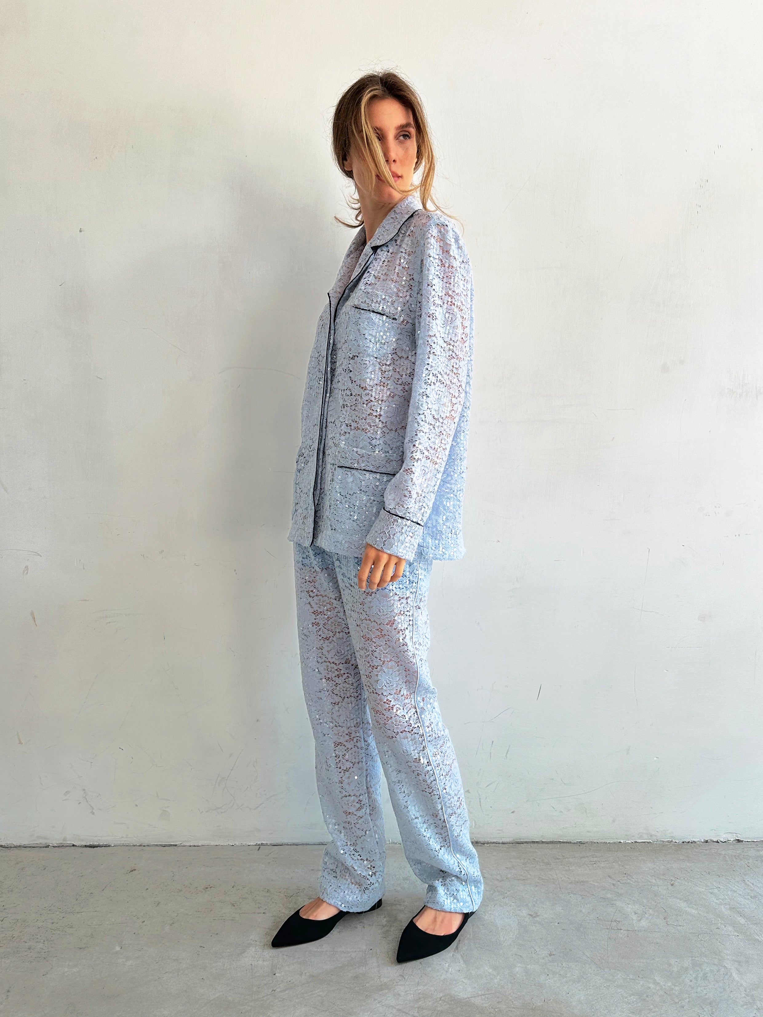 Sera Pantaloni Pigiama Azzurro Cielo In Pizzo E Paillettes