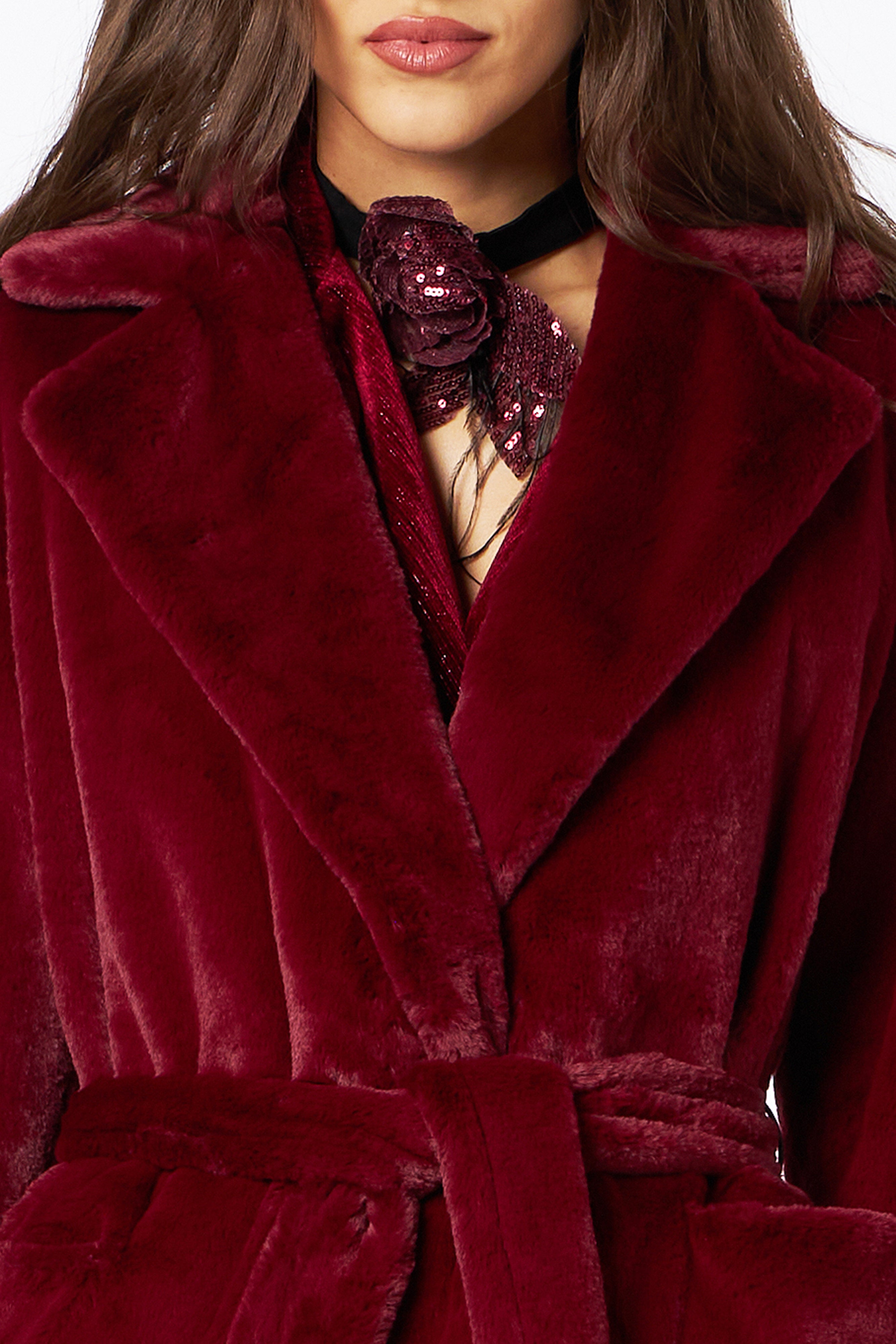 Sofia cappotto furry lungo bordeaux